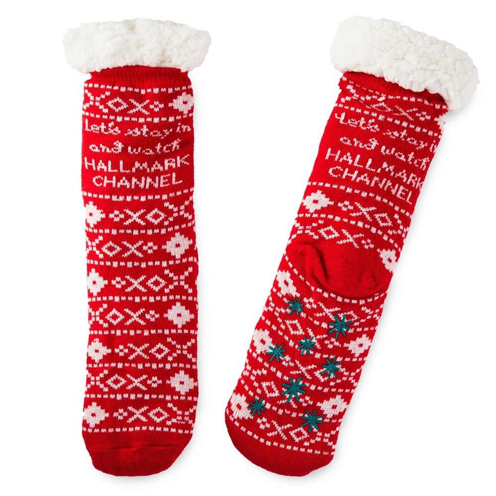 NWT Hallmark Channel “Let’s Stay In” Red & White Christmas Slipper Socks